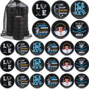 Wettarn front view of 24 black foam pucks and mesh bag showing full set
