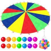 Wettarn front view of rainbow parachute showing vibrant panels and 16 handles for group play