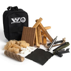 WEYLAND front packaging showing complete fire-starting kit and contents benefit readiness