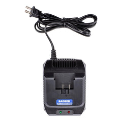 Wild Badger Power charger beside a 20V battery for scale, clarifying compact portability