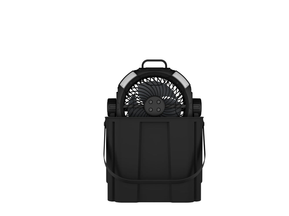Wilody misting fan front view showing controls and large water tank for extended cooling