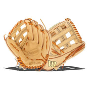 Wilson A2000 front view showing Blonde leather and Saddle Tan contrast, for classic on-field style