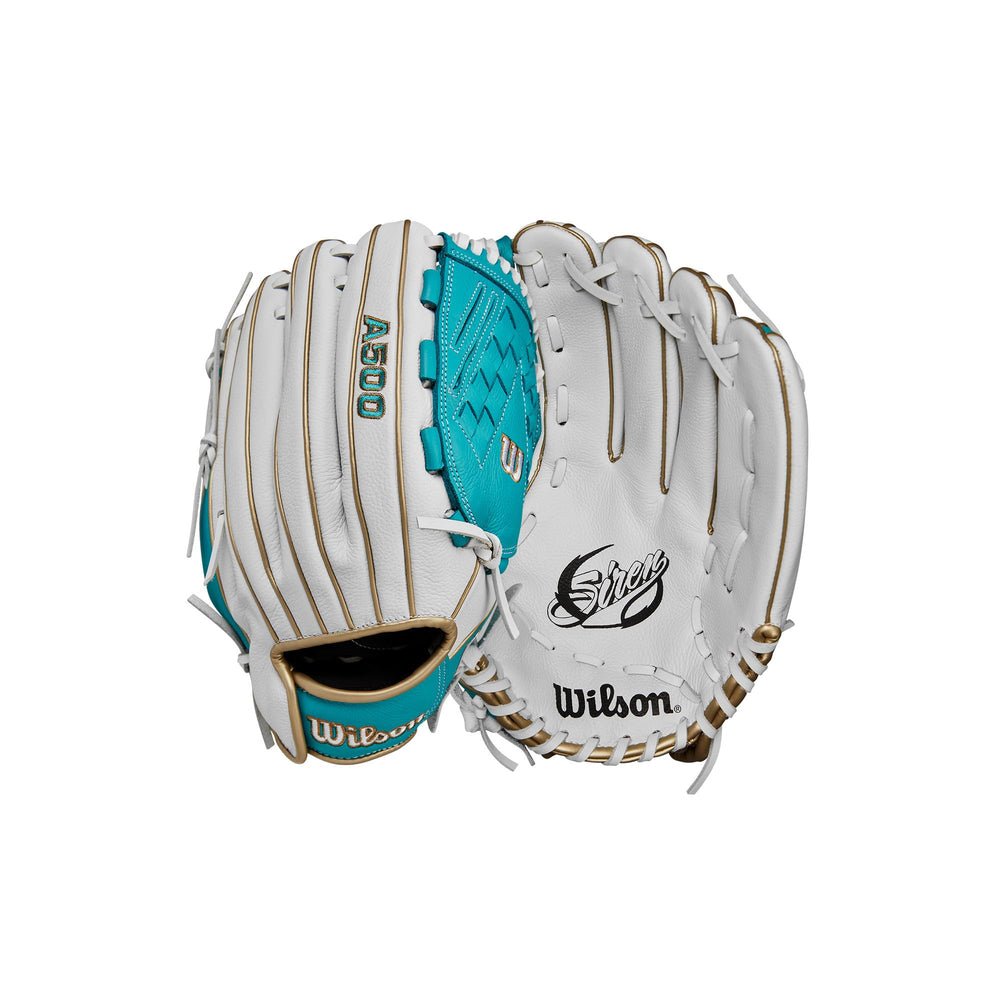WILSON glove front view showing white teal gold design and ready-to-play benefit