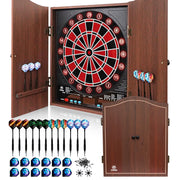 WIN.MAX front view of dartboard showing LEDs and cabinet benefits quick setup