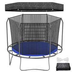 Windyun front view of black 12ft canopy fitted over trampoline for cooler play