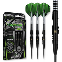 Winmau Sniper Black front view showing full dart set and black PVD finish for sleek control