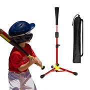 Wiseek front view of red batting tee showing stable tripod and upright posture benefit