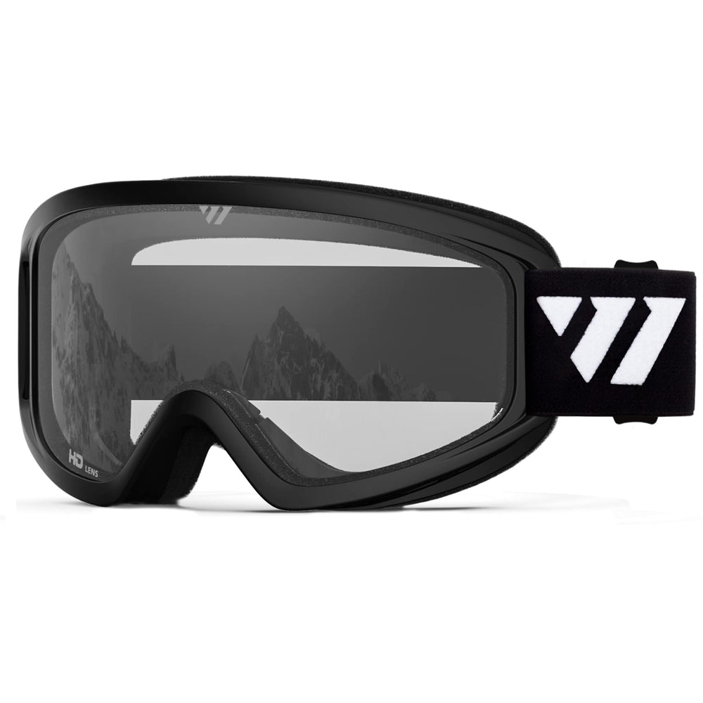 WISTON front view of black frame goggles showing clear lens and full-face coverage benefit