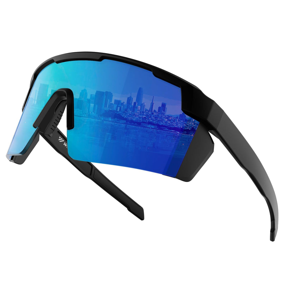 WISTON front view black frame blue lens showing bold oversized fit and comfort