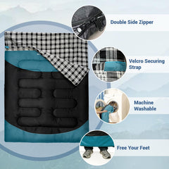 WKFAMOUT two people using the sleeping bag at a campsite showing shared comfort