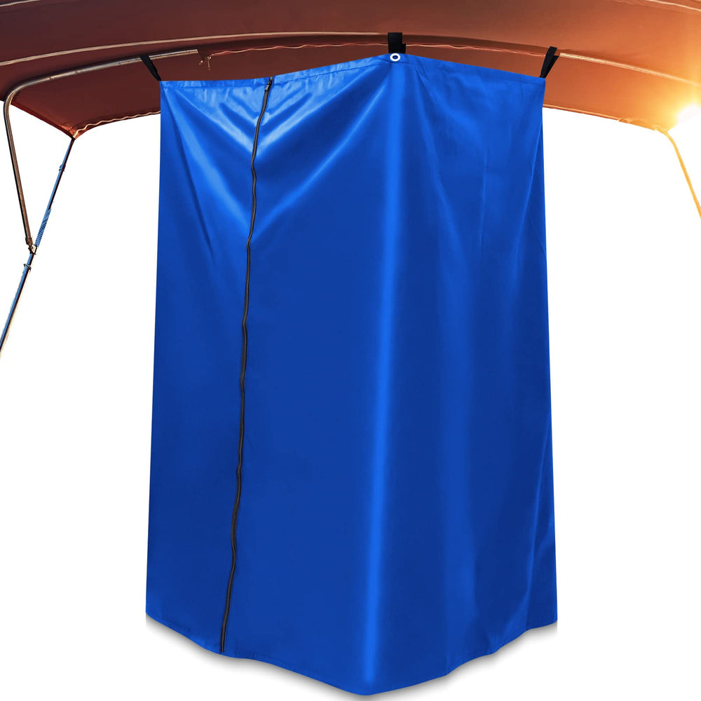 Woanger front view showing full blue privacy curtain on boat, adds instant privacy