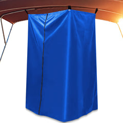 Woanger front view showing full blue privacy curtain on boat, adds instant privacy