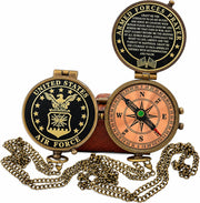 WOANIN brass compass front view showing Air Force engraving and heritage benefit
