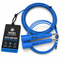WOD Nation front view of blue speed rope showing slim profile and fast rotation benefit
