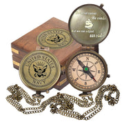 WORLDMART compass front view showing Navy emblem and classic brass finish, honors service