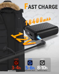 Wulcea rechargeable 18400mAh battery and USB port detail for long-lasting warmth