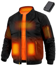 Wulcea front view black jacket showing heated zones and sleek style for reliable warmth