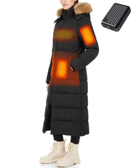 Wulcea front view of black heated parka showing sleek zipper and fit, warmth on-the-go