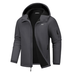 WULFUL front view hooded softshell showing weather protection and fit