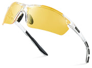 Xagger front view sports sunglasses showing full wraparound design and clear benefit