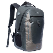 Xelfly front view showing waterproof backpack and quick-access pocket benefit of organization