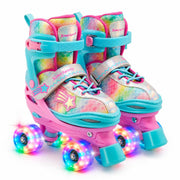 Xino Sports front view of rainbow skates showing toe and buckles for quick fit