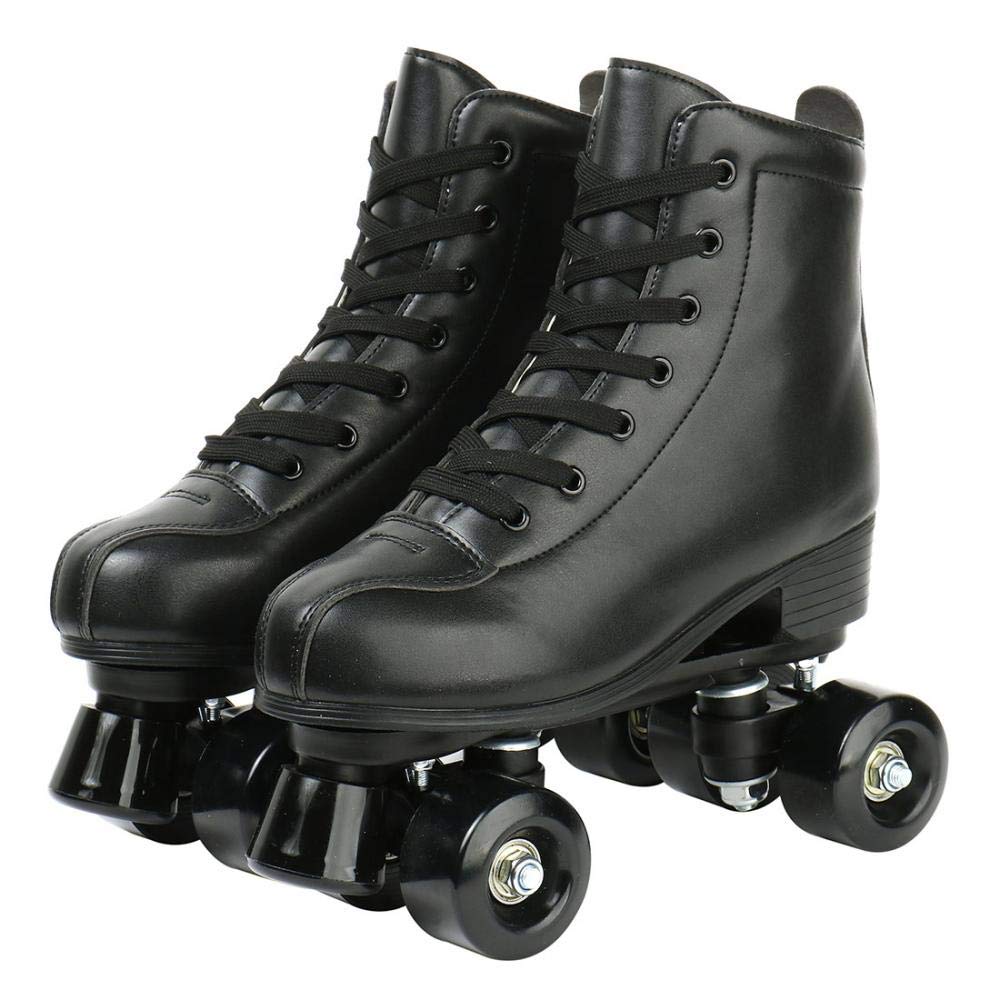 XUDREZ front view black skates showing full silhouette and stable quad design