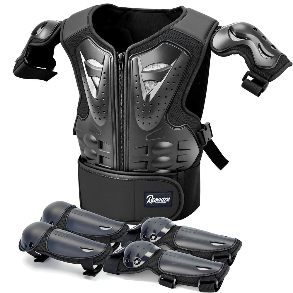 YEBCKZL front view of chest protector vest showing hard-shell protection and coverage