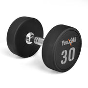 Yes4All 30lb dumbbell front view showing compact urethane head and clear weight marking for durable storage