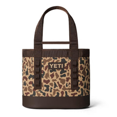 YETI Camino 35 front view in wetlands camo showing durable waterproof tote benefit
