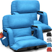 yeyeeyyee front view of blue wide stadium seat showing roomy sofa-style comfort