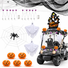 YIBOBO front view of golf cart decorated with ghosts and webs for instant impact