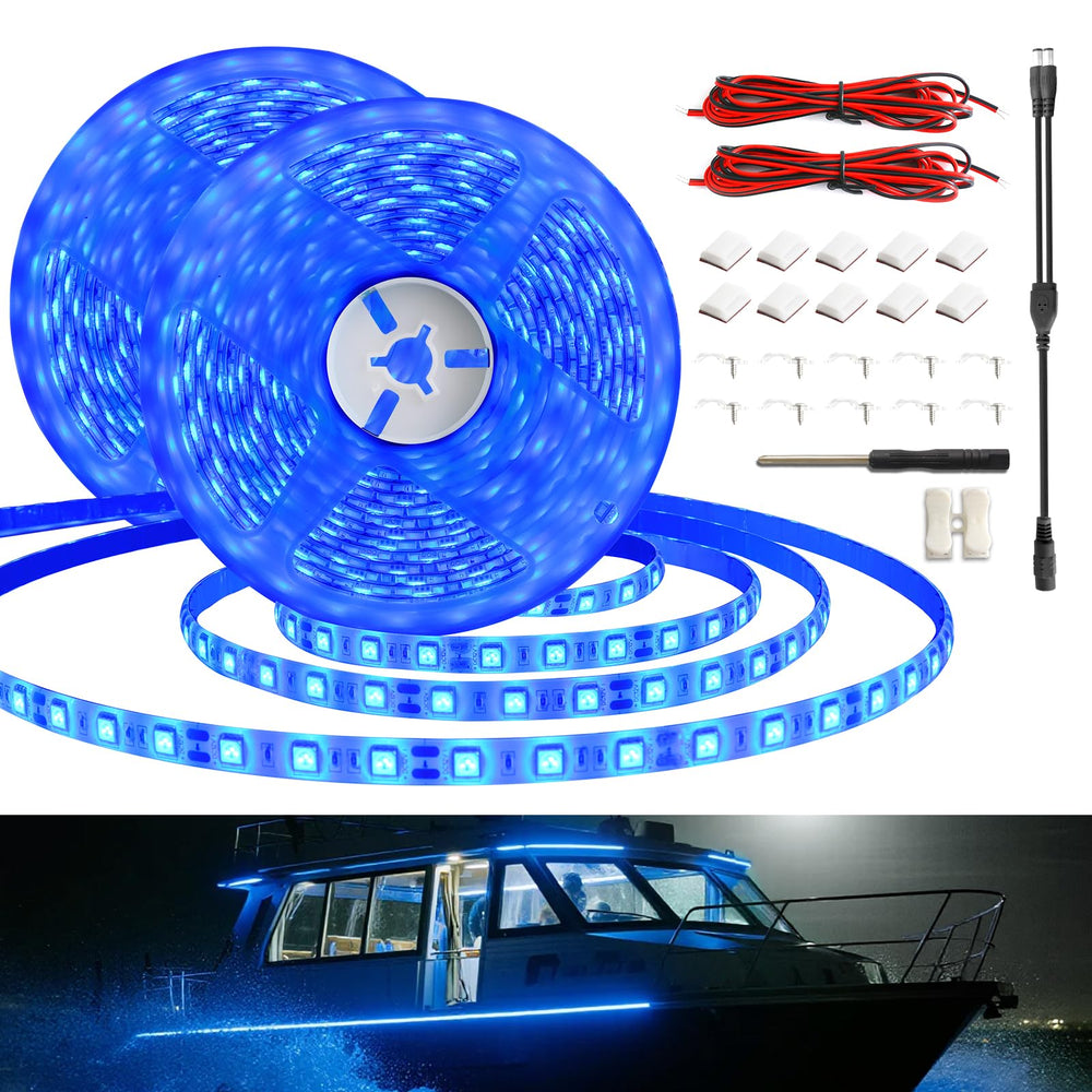 Yiswhis front packaging showing full blue marine LED kit and quick install benefit