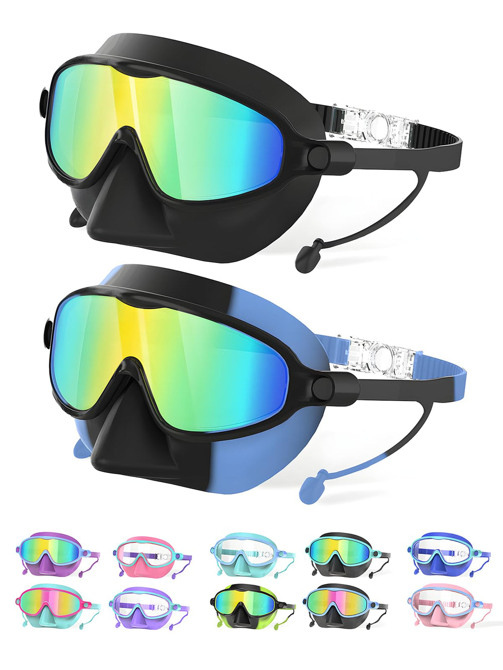 YLKJSWIM front packaging showing two kid goggles and included nose covers for convenience