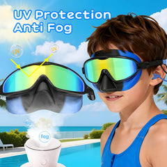 YLKJSWIM mirrored UV lens detail protecting eyes from glare during outdoor swimming