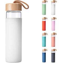 Yomious clear glass bottle front view showing sleek design and pure taste benefits
