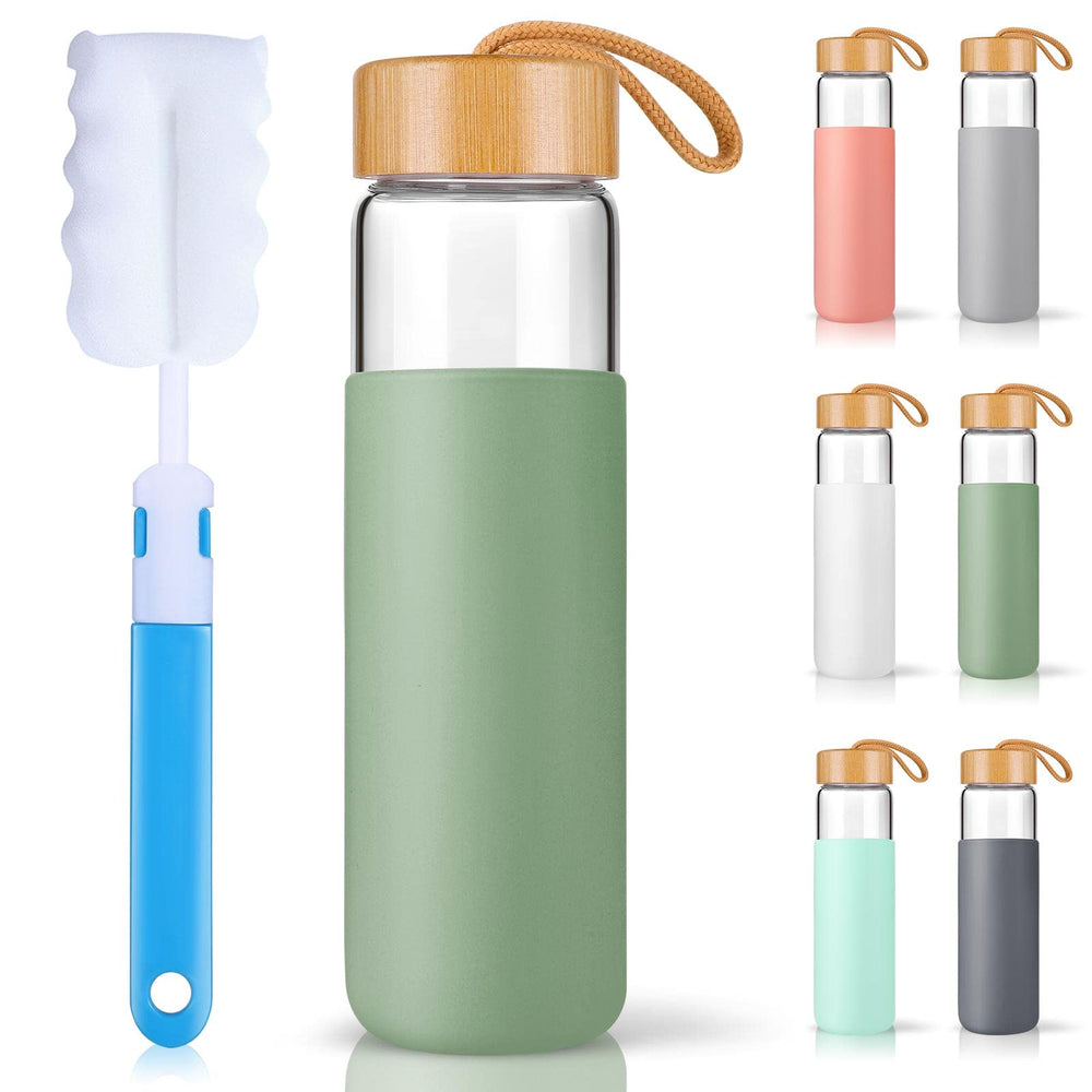 Yomious front view shows clear glass bottle with chic design and easy hydration