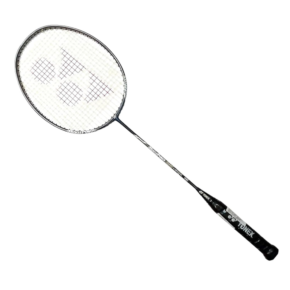 YONEX racket front view showing black white design and balanced play benefit
