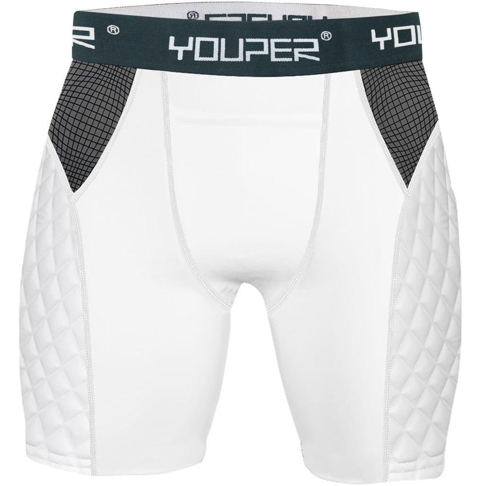 Youper front view of white padded sliding shorts showing snug fit and protection