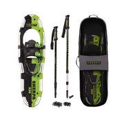 Yukon Charlie's front view of snowshoe pair showing shape and color, easy storage benefit