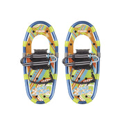 Yukon Charlie's front view of youth snowshoe showing colorful deck and size benefit