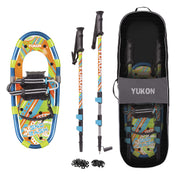 Yukon Charlie's front view of youth snowshoe showing colorful design and lightweight profile