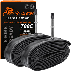 YunSCM front packaging showing two heavy duty 700C inner tubes and clear sizing