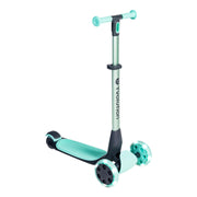 Yvolution scooter front profile showing foldable frame and bright green finish benefit visibility