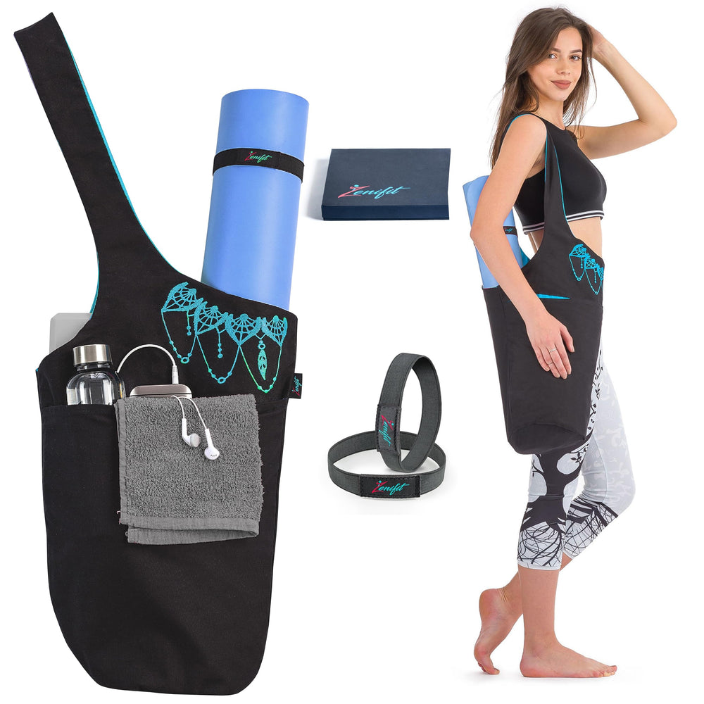 Zenifit front view of black and blue yoga mat bag showing sleek carry design and capacity