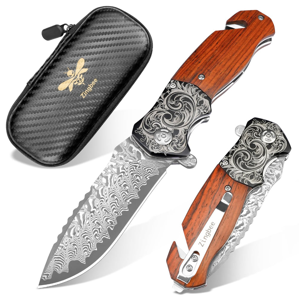 Zingbee front view of Damascus pocket knife shows balance and carry clip benefit
