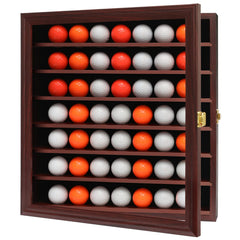 Zmiky front view mahogany display showing 49 golf ball slots and polished finish