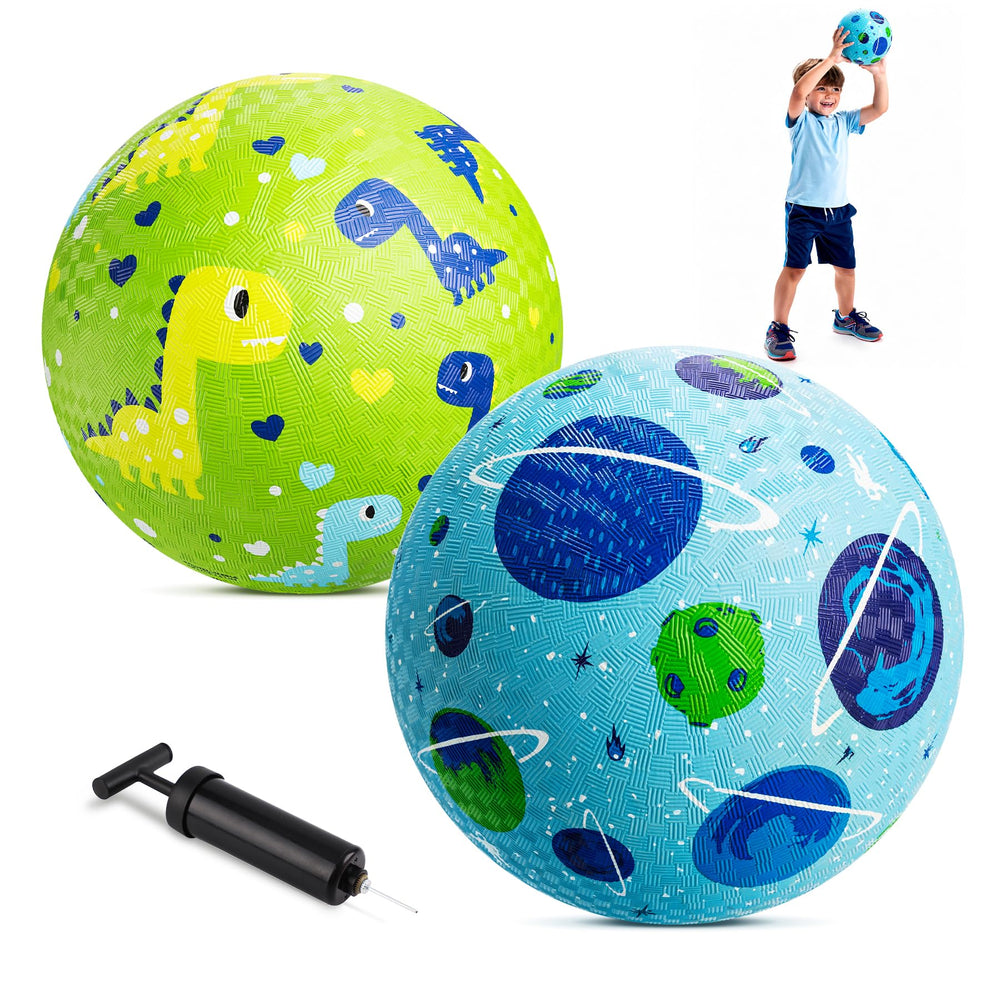 ZOOJOY front view of packaged playground balls showing included pump and designs, promotes ready-to-play convenience