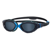 Zoggs Predator Flex front view showing curved smoke-tinted lenses and clear wide vision benefit
