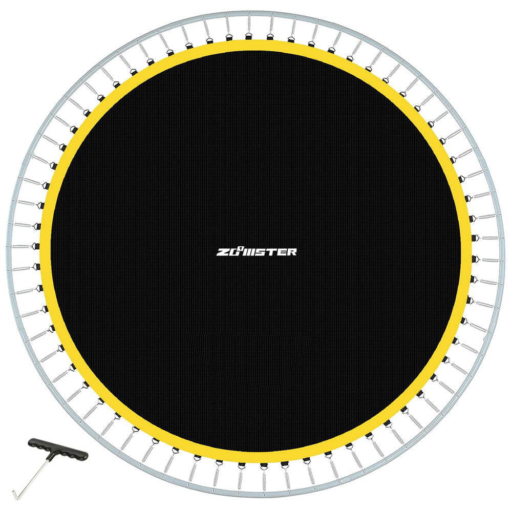 Zoomster front view of 14FT trampoline mat showing full surface and fit benefit